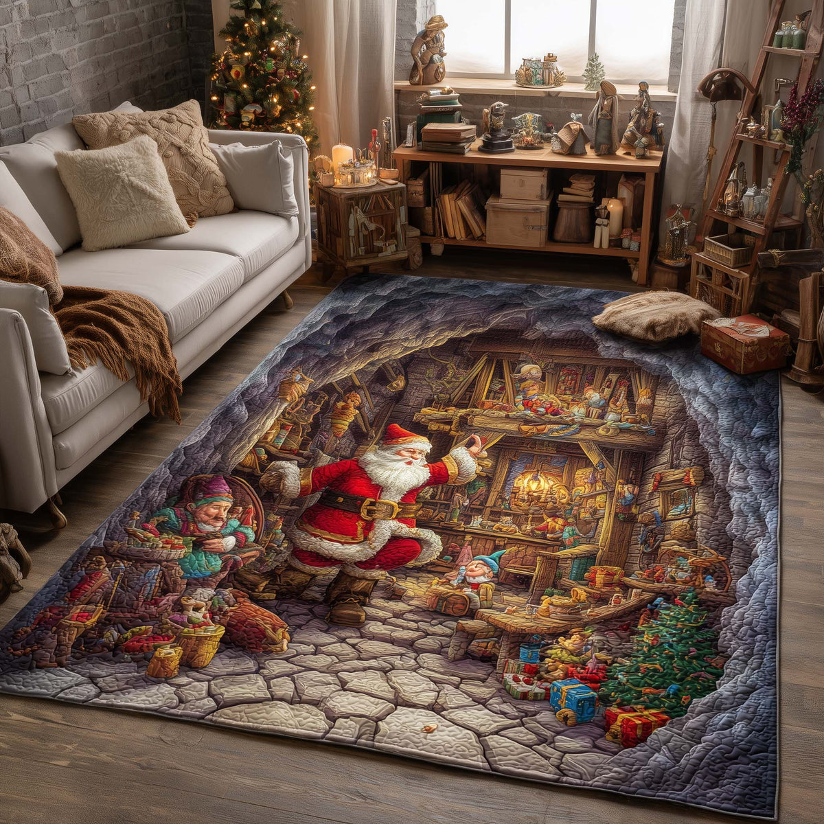 Santa Workshop Wonder area rug in a living room