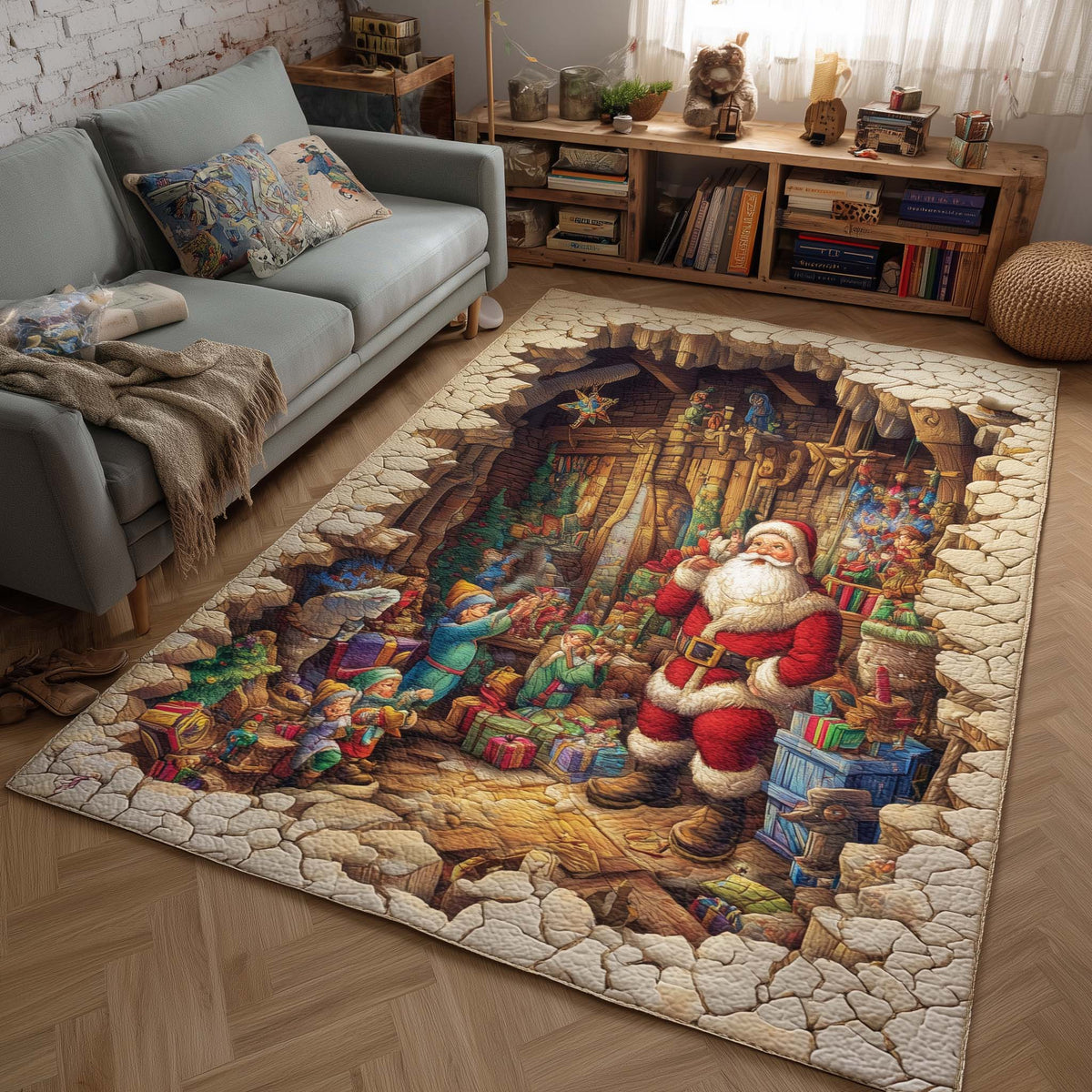Santa Workshop Wonder area rug in a living room