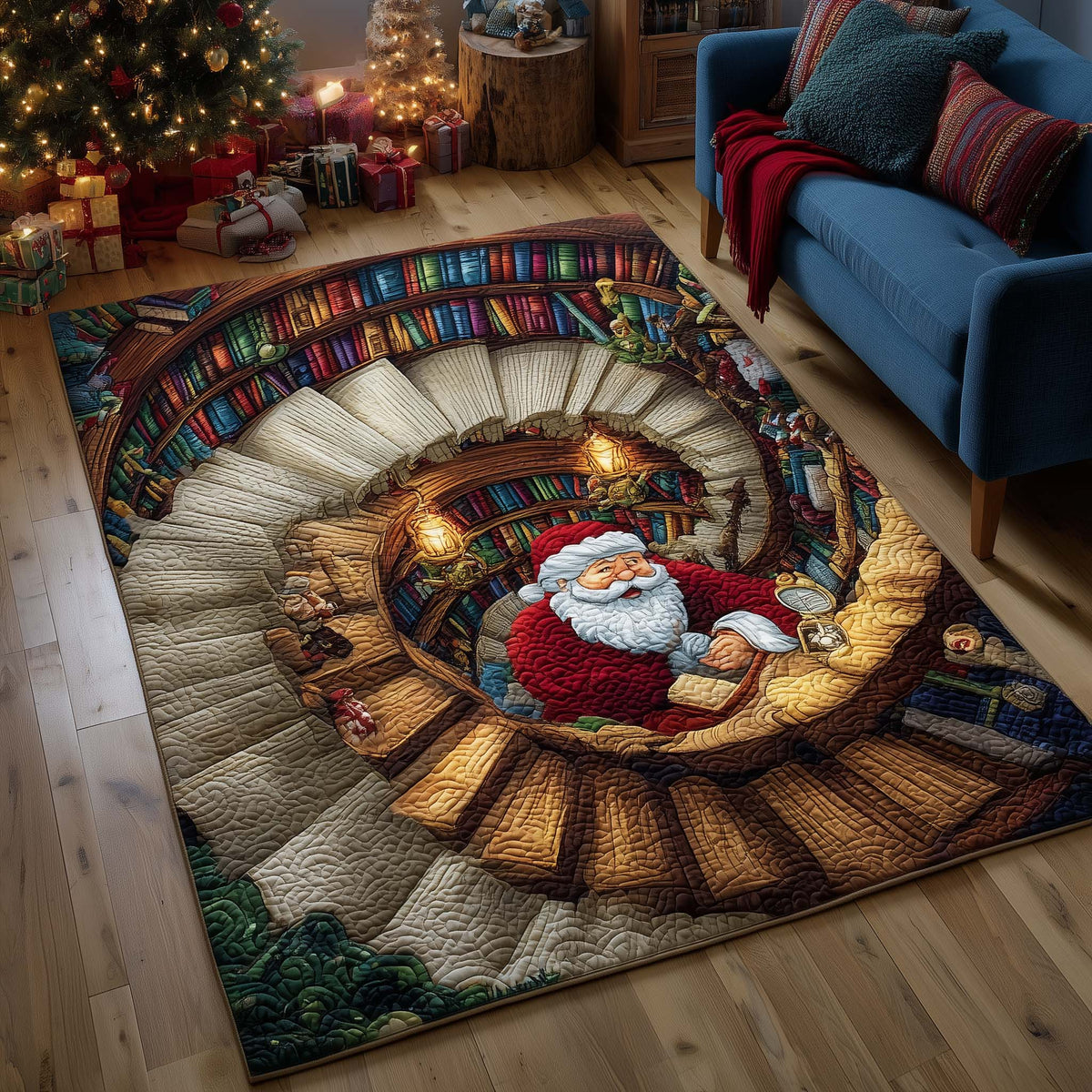 Santa Workshop Wonder area rug in a living room