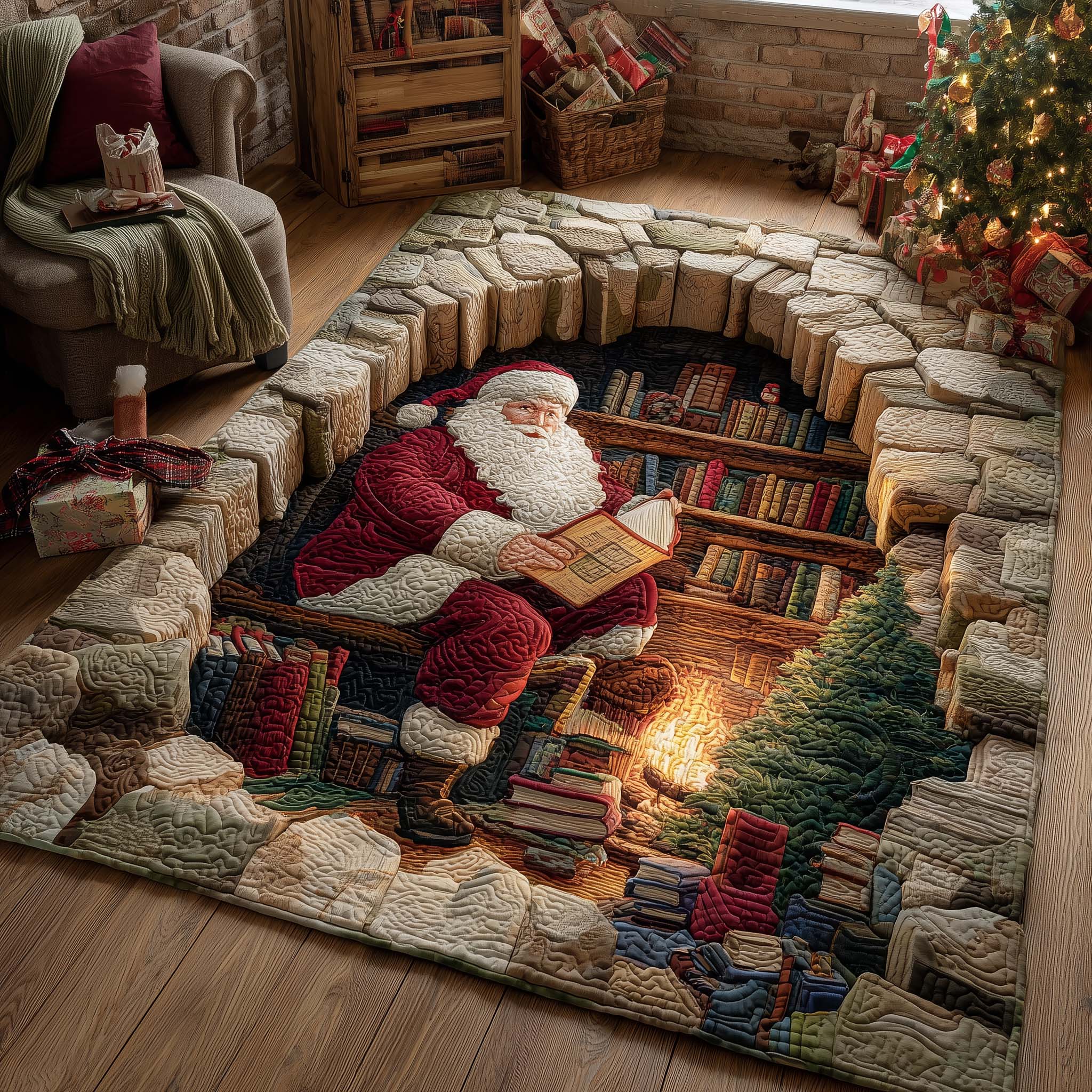 Santa Workshop Wonder area rug in a living room