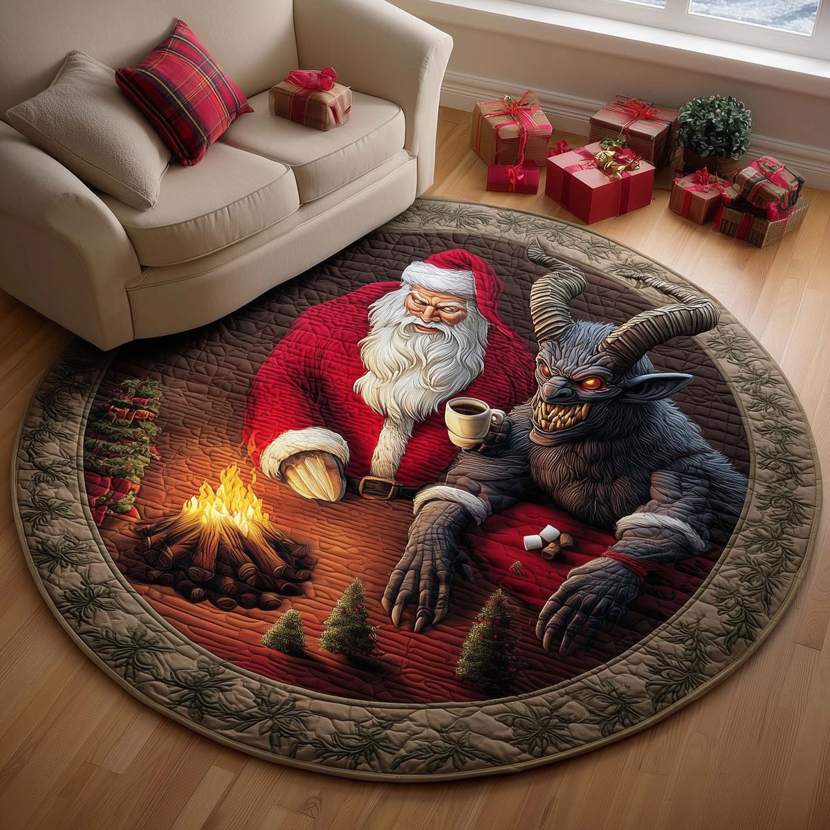 Santa and Krampus Christmas Round Mat Rug - washable non-slip printed rug