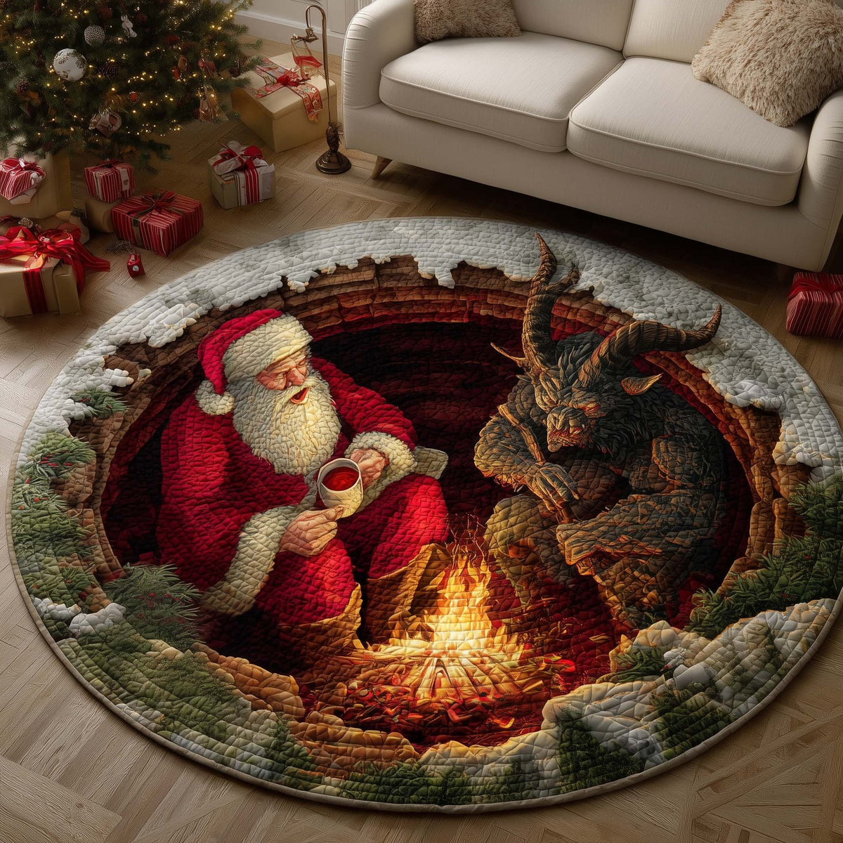 Santa and Krampus Christmas Round Mat Rug - washable non-slip printed rug