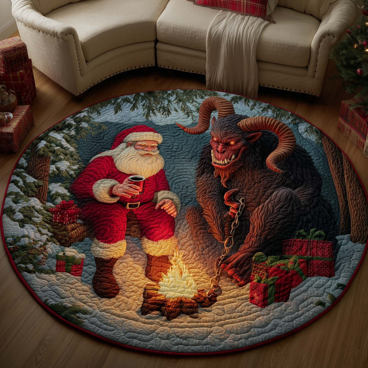 Santa and Krampus Christmas Round Mat Rug - washable non-slip printed rug