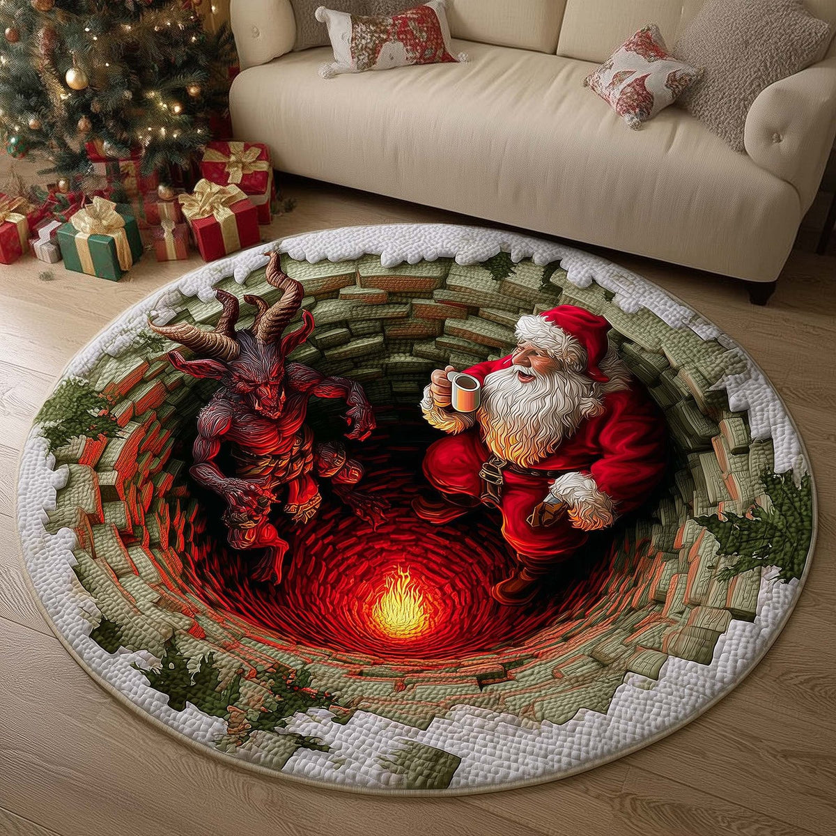 Santa and Krampus Christmas Round Mat Rug - washable non-slip printed rug