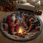 Santa and Krampus Christmas Round Mat Rug - washable non-slip printed rug