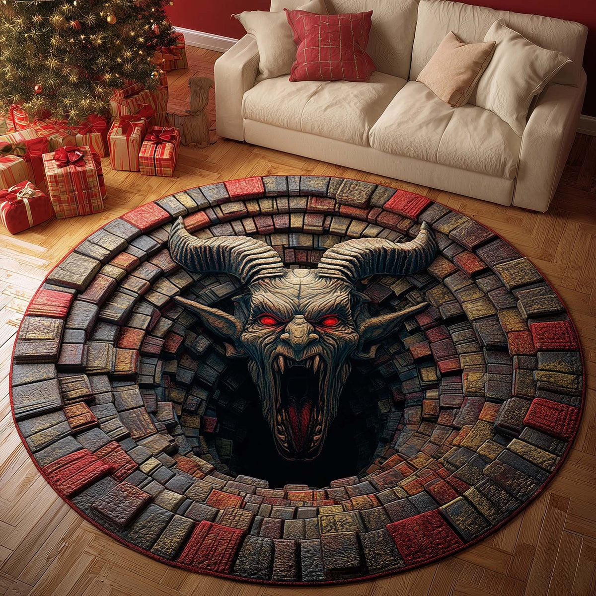 Santa and Krampus Christmas Round Mat Rug - washable non-slip printed rug