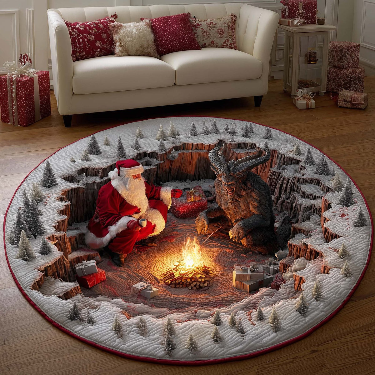 Santa and Krampus Christmas Round Mat Rug - washable non-slip printed rug