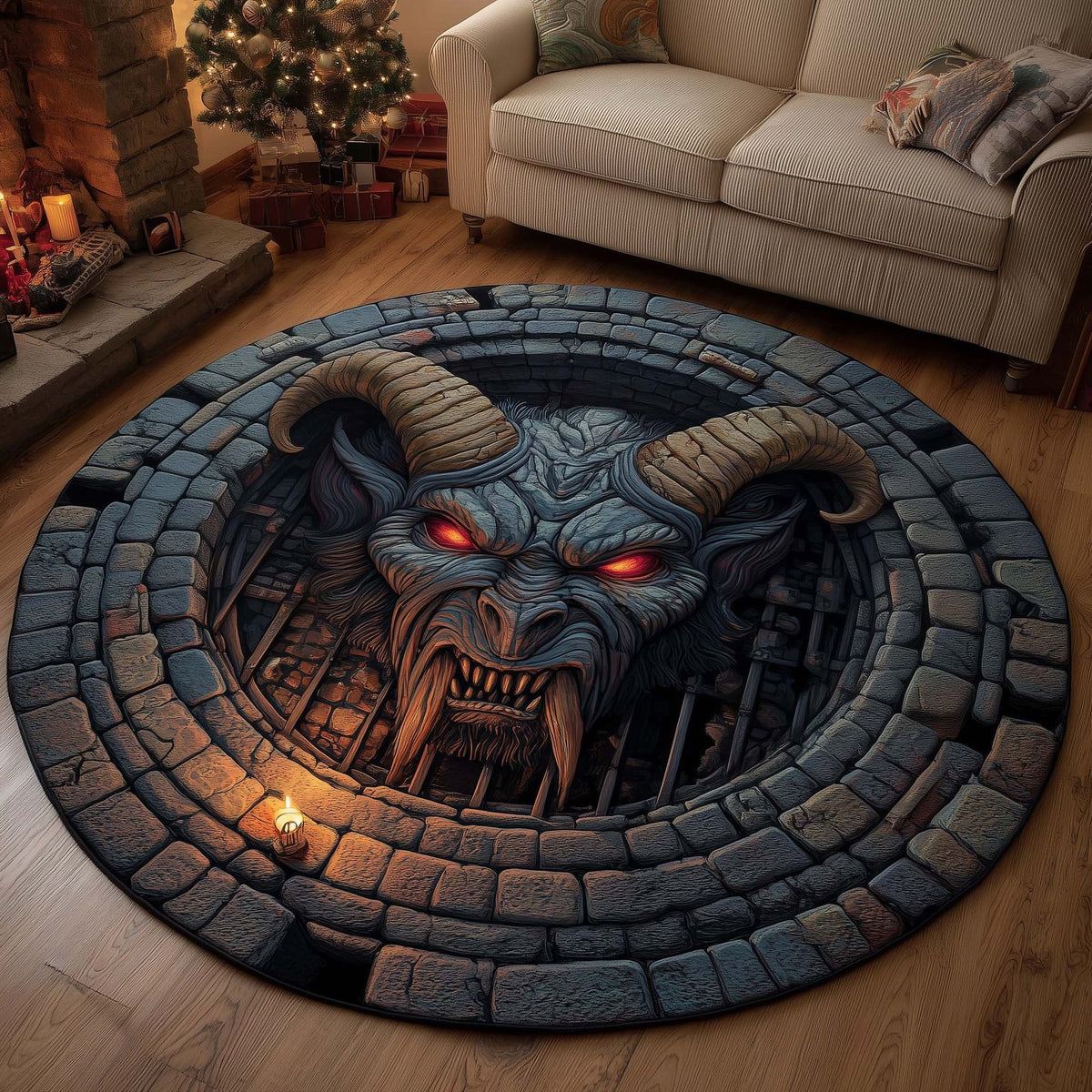 Santa and Krampus Christmas Round Mat Rug - washable non-slip printed rug