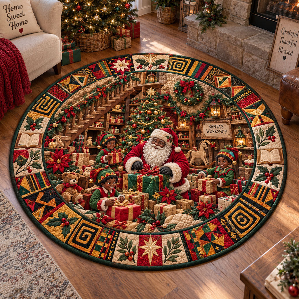 Santa's Christmas Workshop Round Mat Rug - Seasonal Design | Festive Home Decor - washable non-slip printed rug