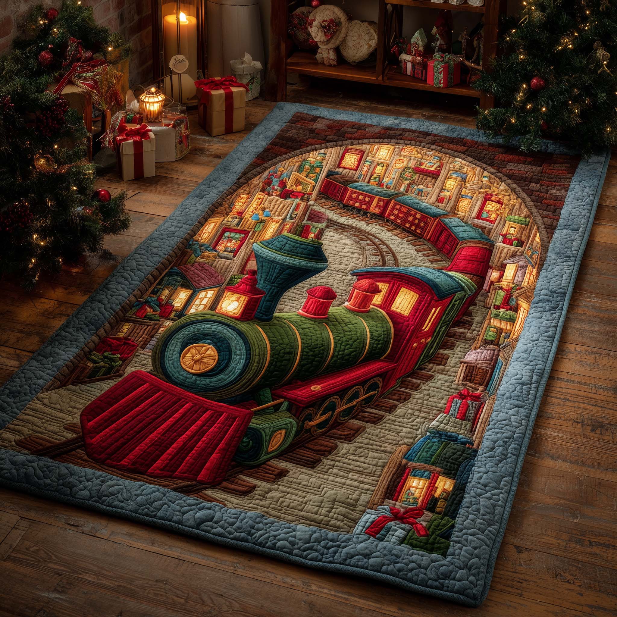 Santa's Workshop Train area rug in a living room