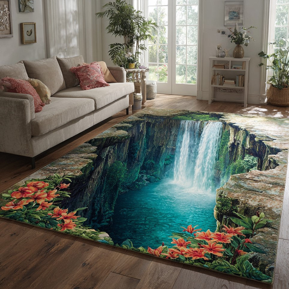 Sapphire Chasm area rug in a living room