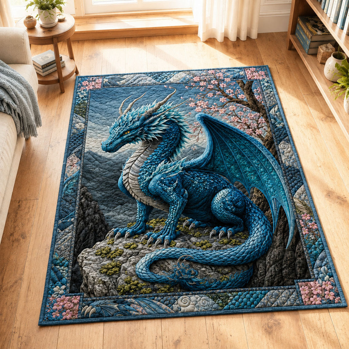 Sapphire Mountain Dragon area rug in a living room