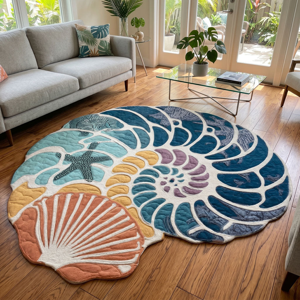 Sapphire Seashell Custom Shape Area Rug - Coastal Design | Die-Cut Non-Slip Rug - washable non-slip printed rug