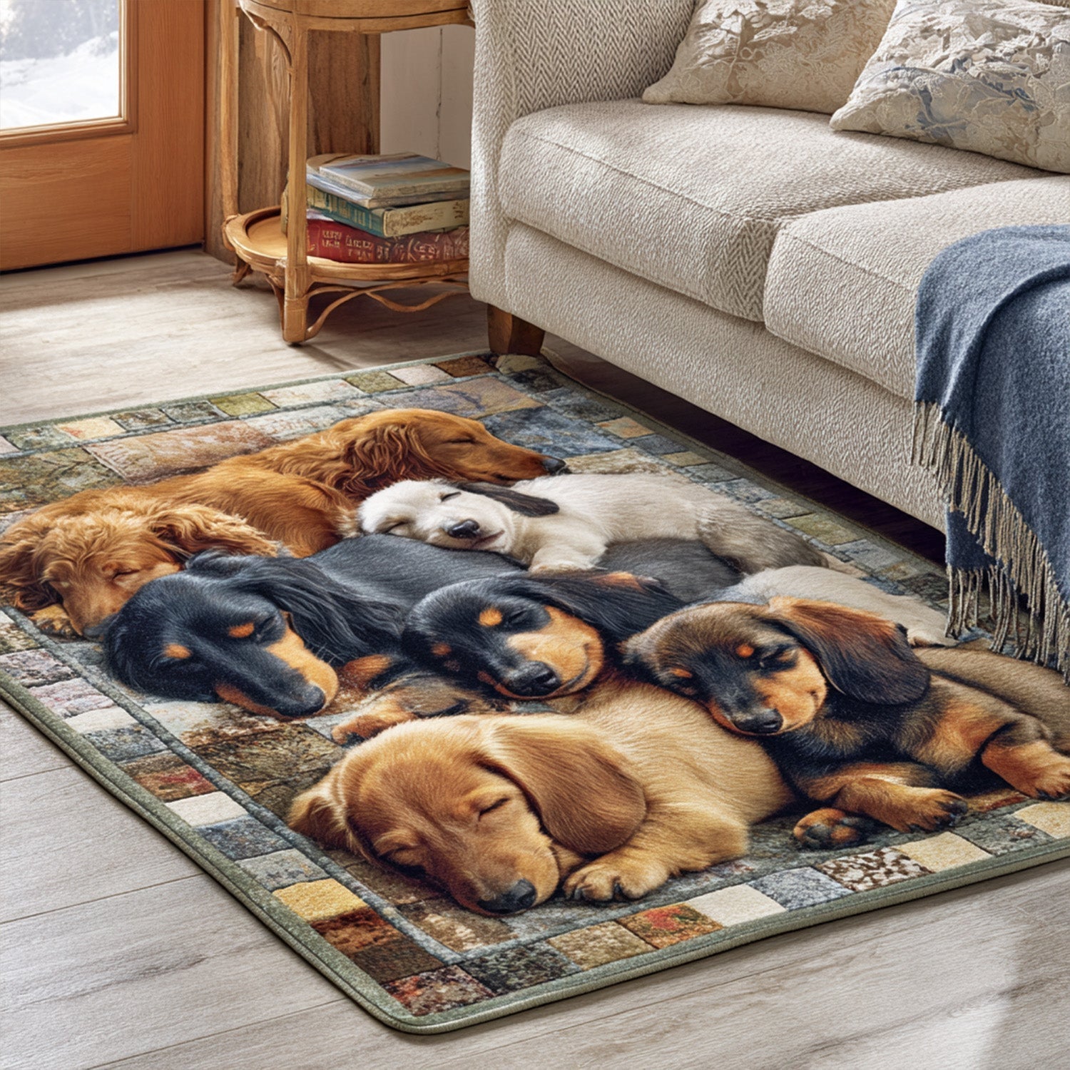 Sausage Dreamer area rug in a living room
