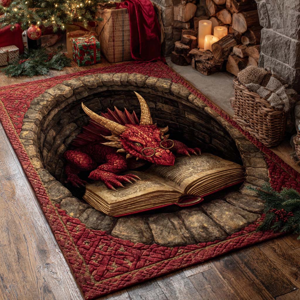 Scarlet Dragon Wisdom area rug in a living room
