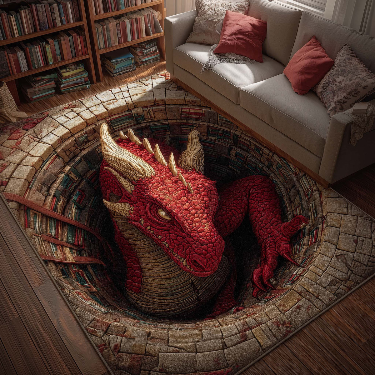 Scarlet Pit area rug in a living room