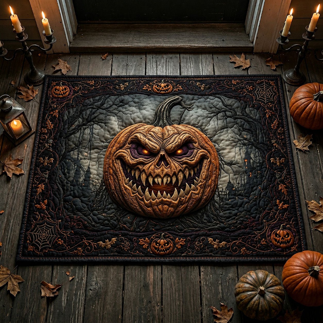 Scary Pumpkin Halloween Doormat - Seasonal Holiday Design | Printed Welcome Doormat