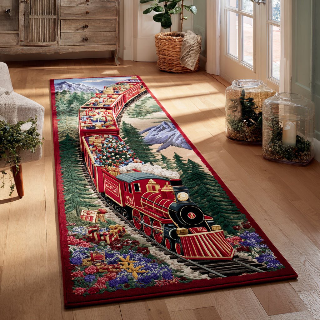 Scenic Christmas Train Runner Carpet Runner Rug - Cute Pet Design | Animal Printed Runner Rug