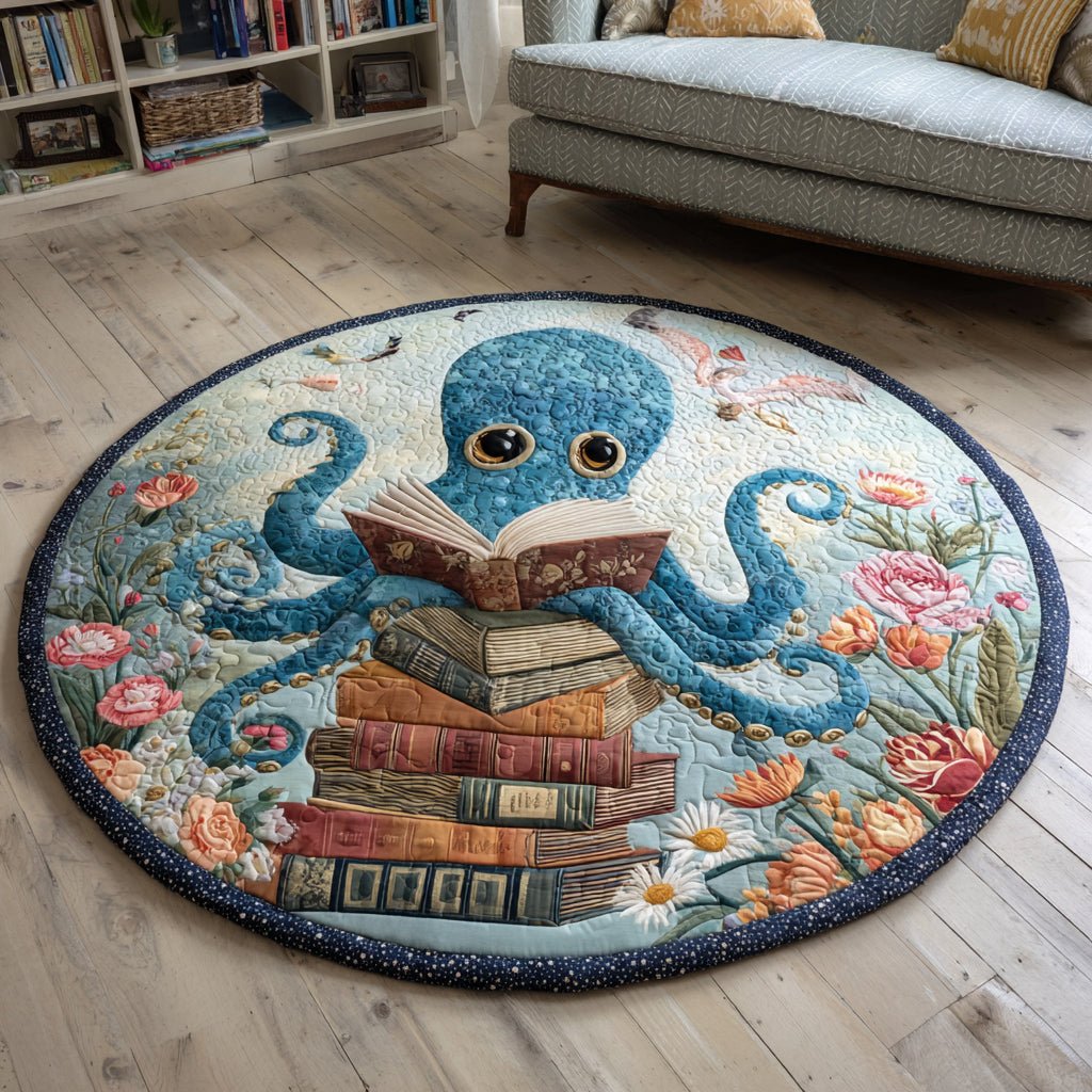 Scholarly Octopus Round Mat Rug - washable non-slip printed rug