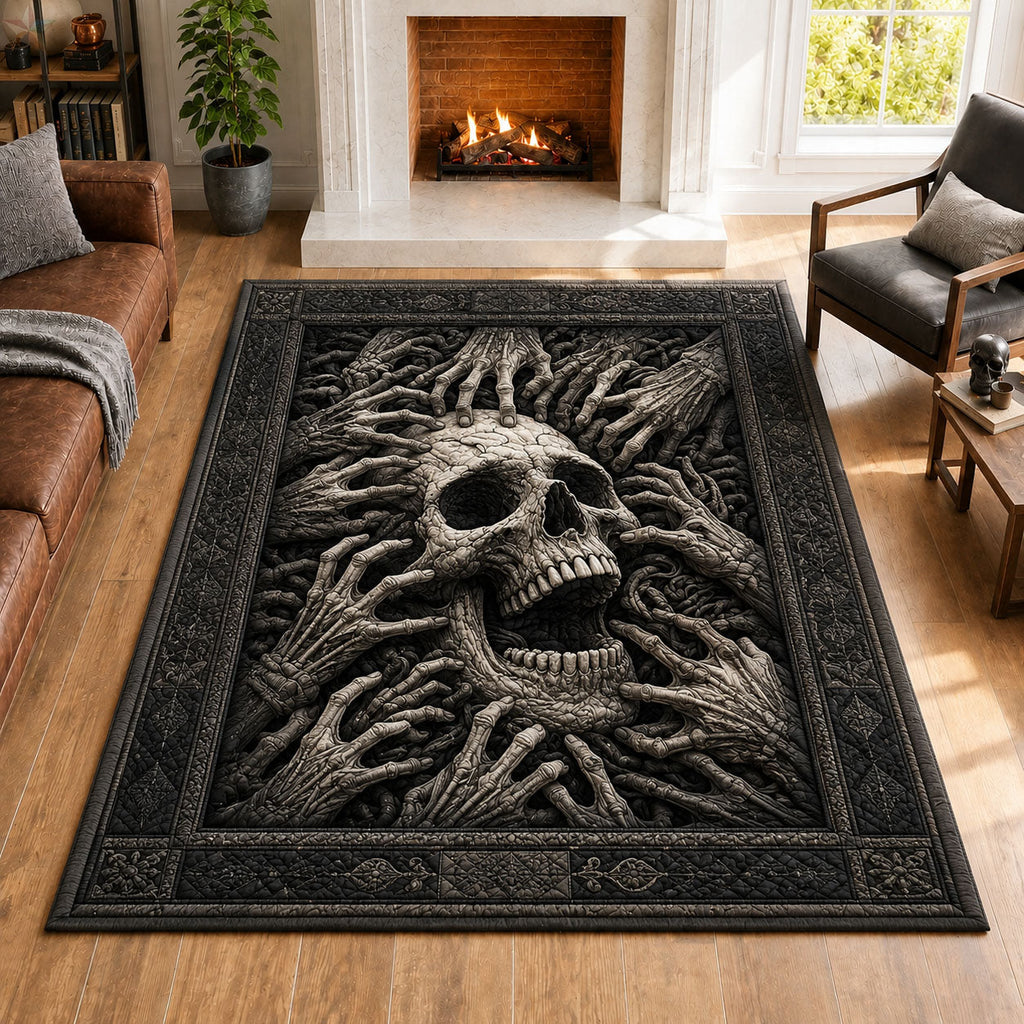 Screaming Skull Skeleton Hands Gothic area rug in a living room