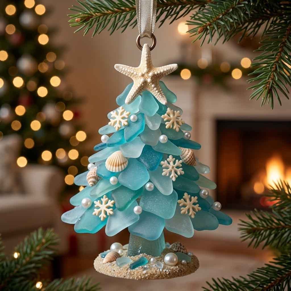 Aqua Sea Glass Shell Tree Christmas Ornament