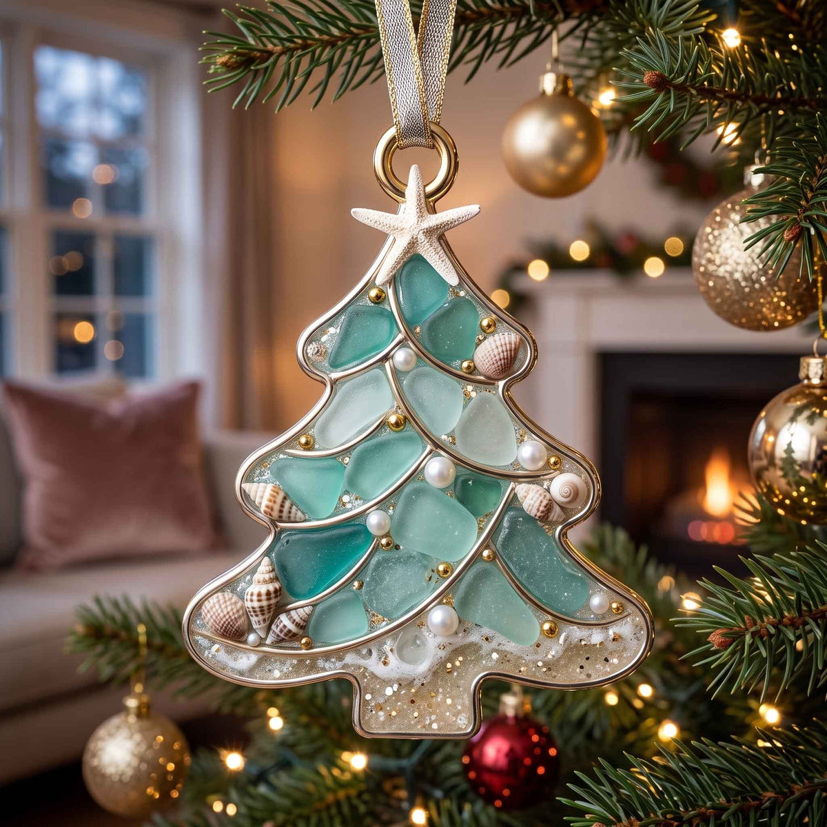 Teal Wire Frame Shell Tree Christmas Ornament