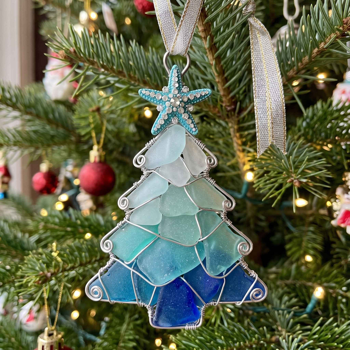 Ombre Blue Starfish Tree Christmas Ornament