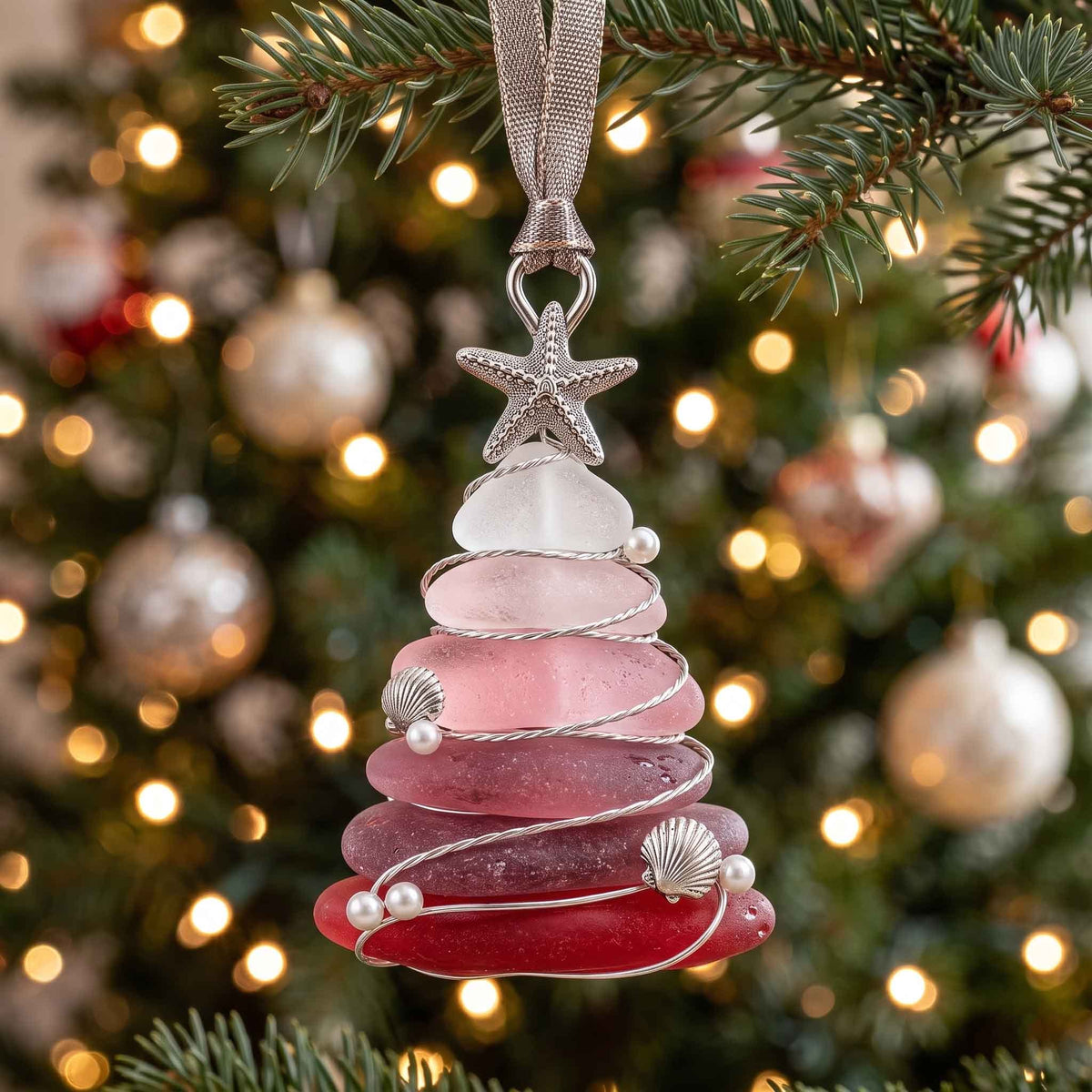 Rose Sea Glass Pebble Tree Christmas Ornament