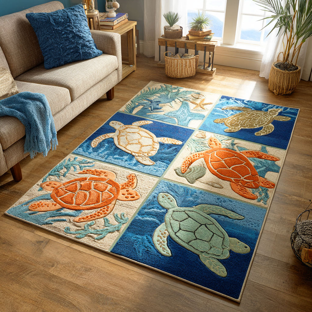 Sea Breeze Turtle area rug in a living room