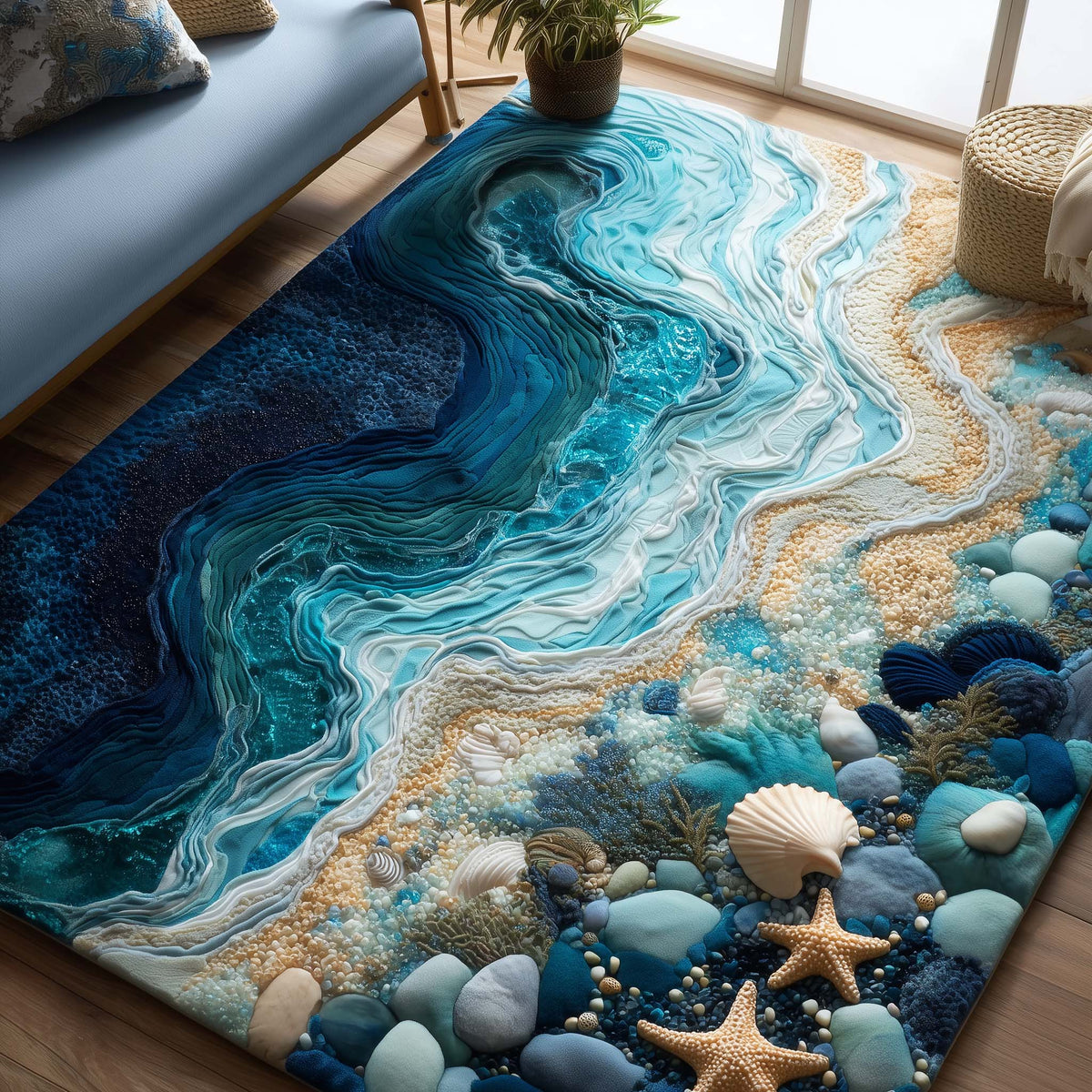 Sea Gems area rug in a living room