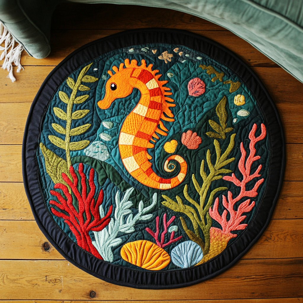 Sea Horse Journey Round Mat Rug - washable non-slip printed rug