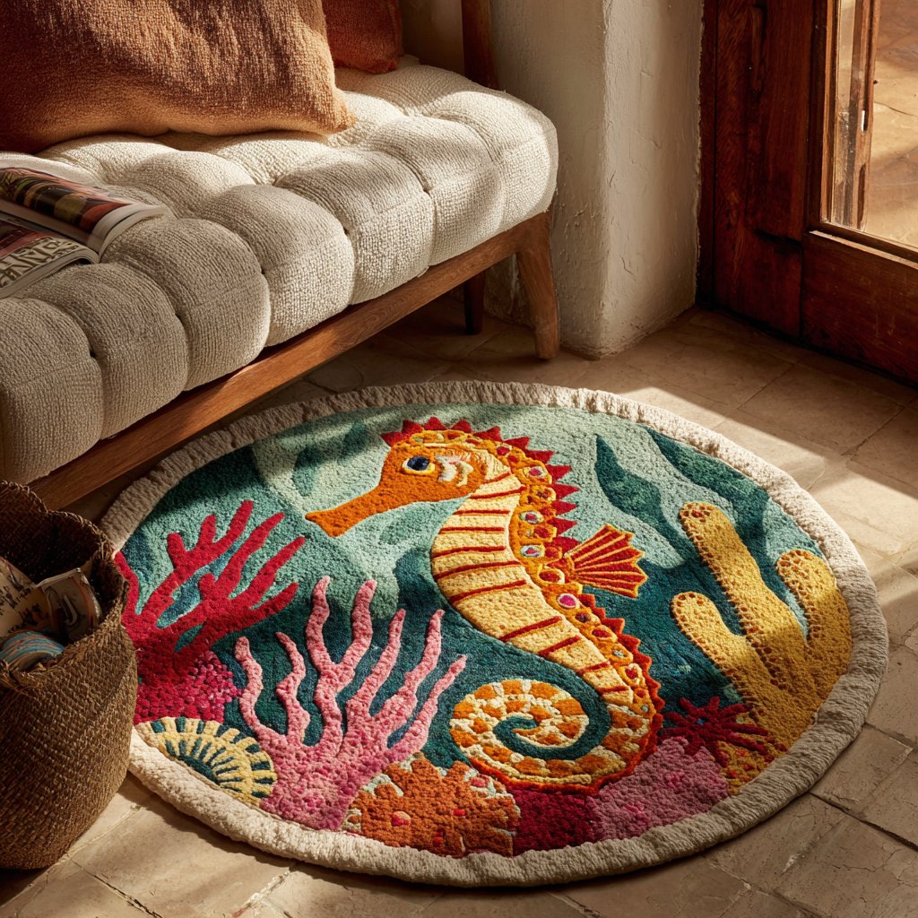 Sea Horse Wave Round Mat Rug - Cute Pet Design | Animal Printed Home Decor