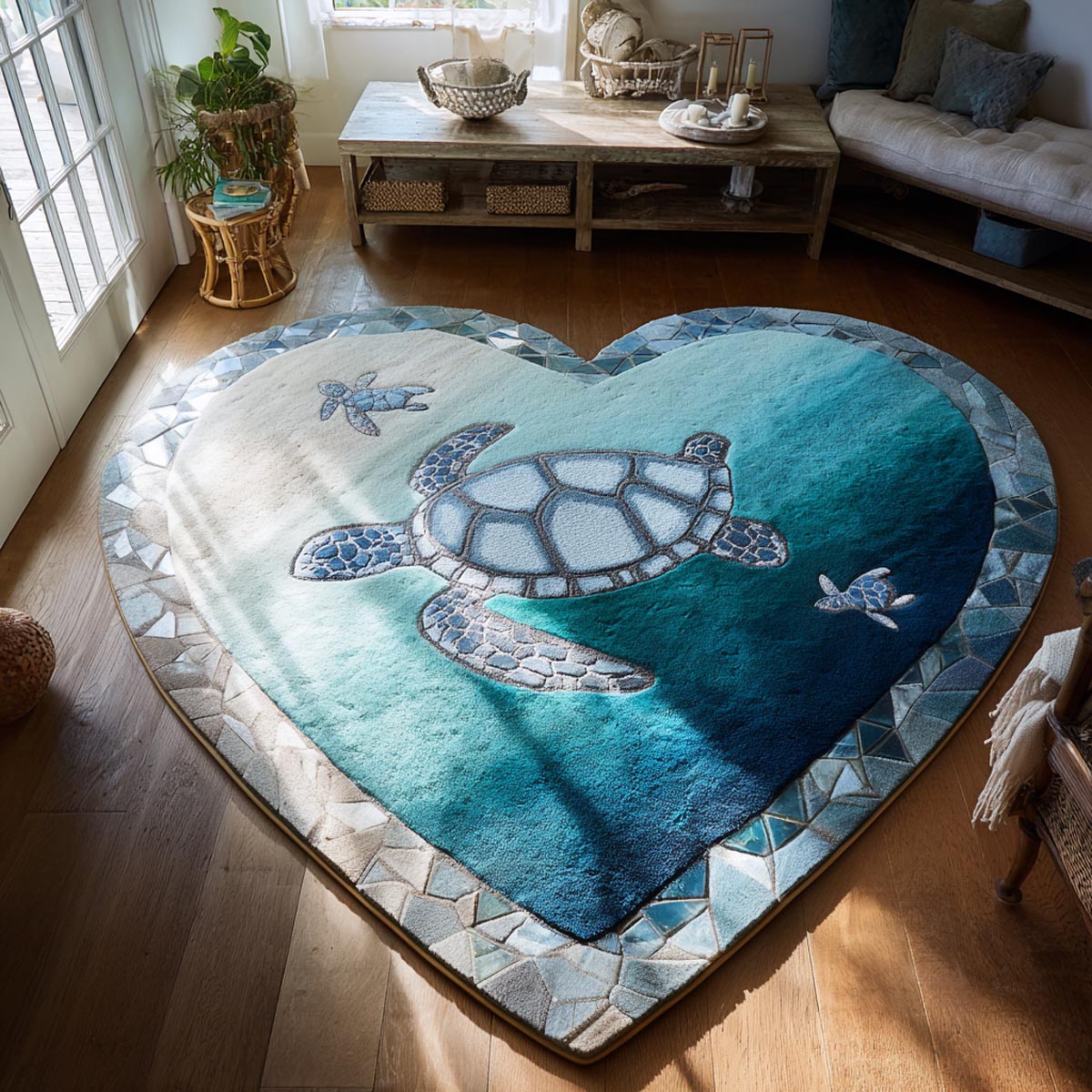 Sea Nurture Custom Shape Area Rug - Coastal Design | Die-Cut Non-Slip Rug - washable non-slip printed rug