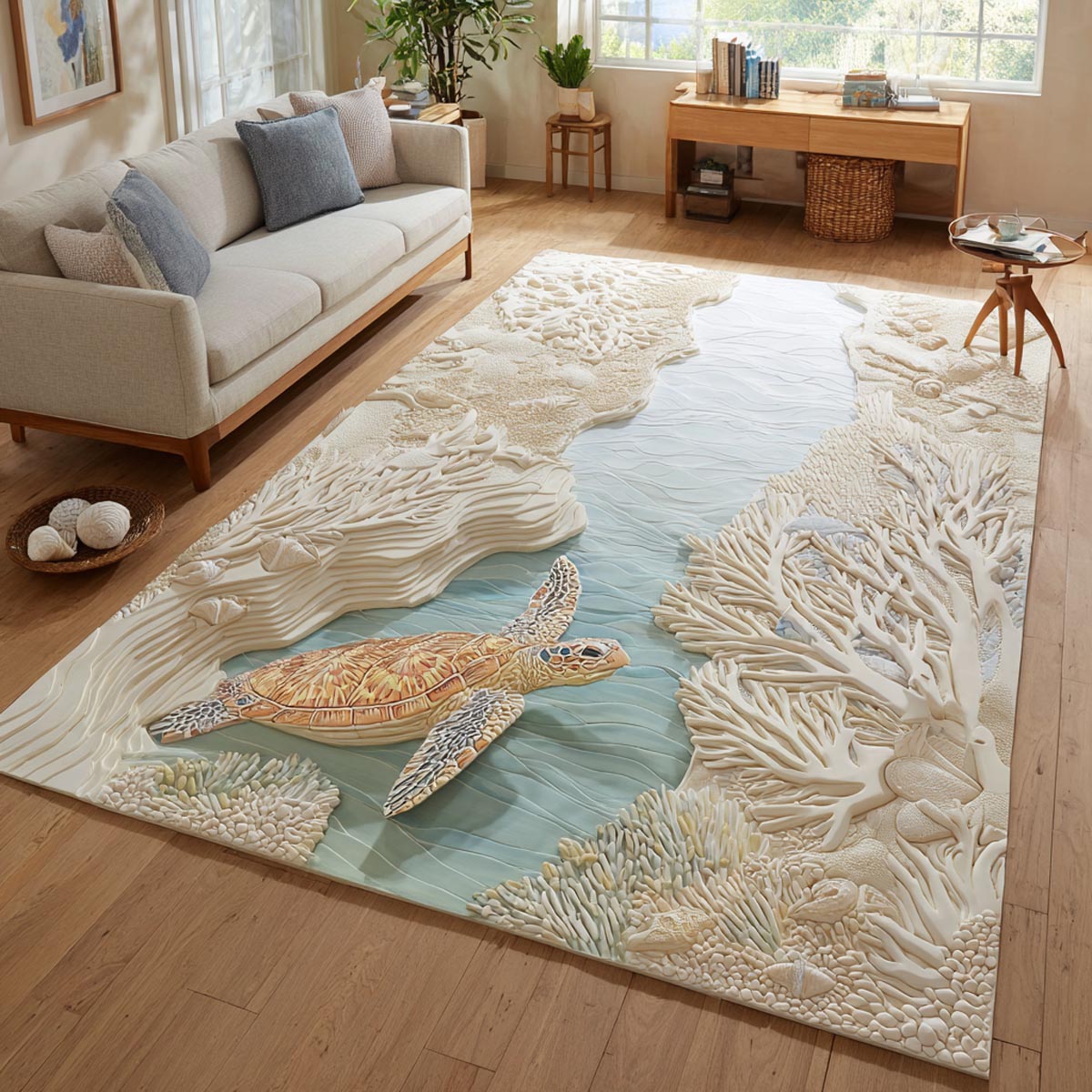 Sea Serenity area rug in a living room