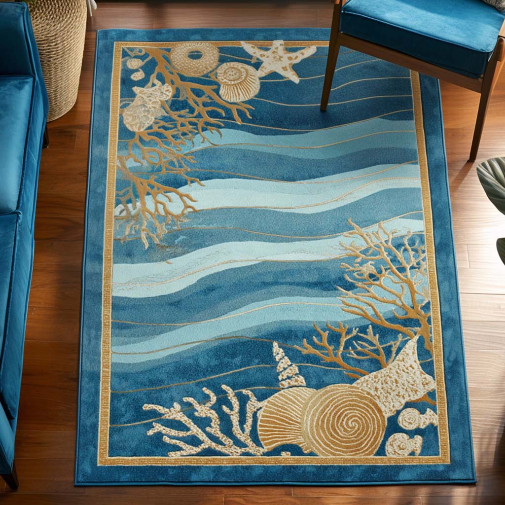 Sea Treasures area rug in a living room