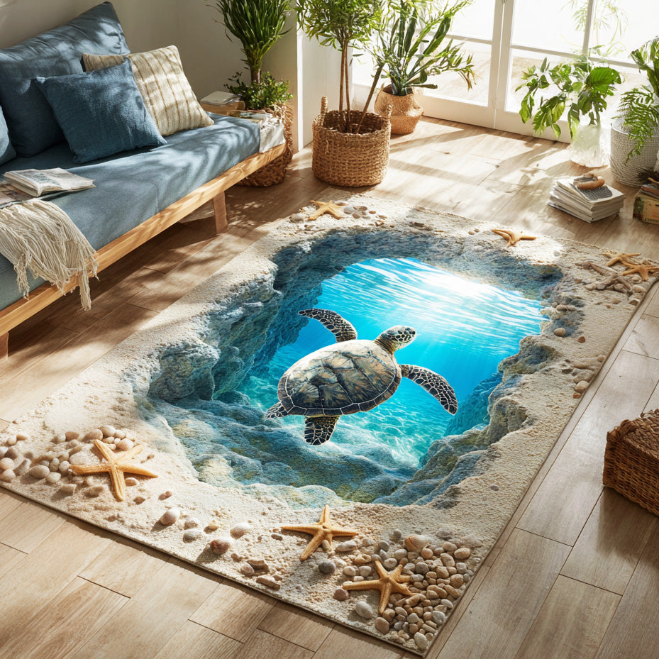 Sea Turtle Oasis area rug in a living room