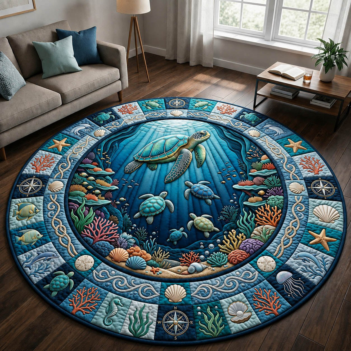 Sea Turtle Round Mat Rug - washable non-slip printed rug