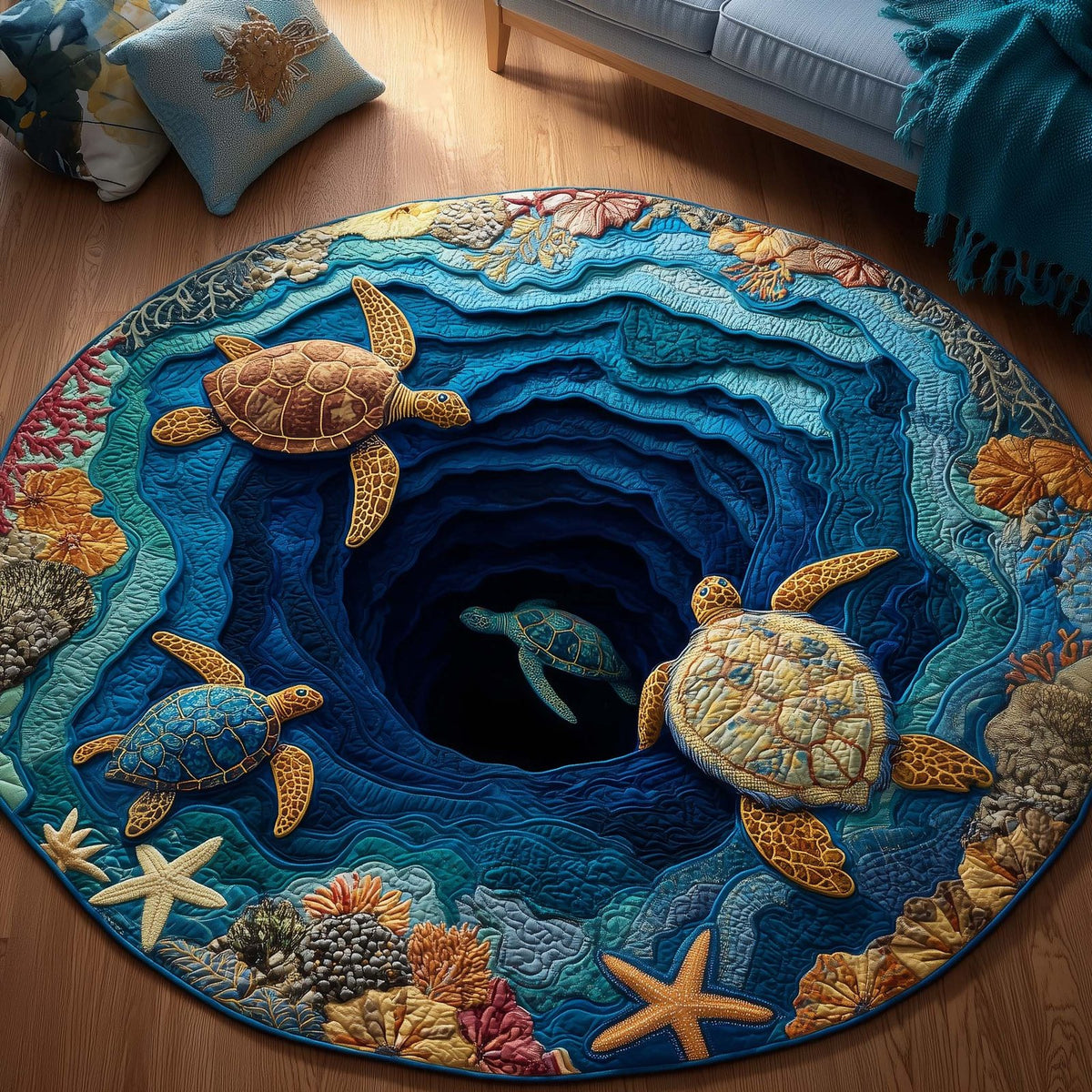 Sea Turtle Round Mat Rug - washable non-slip printed rug