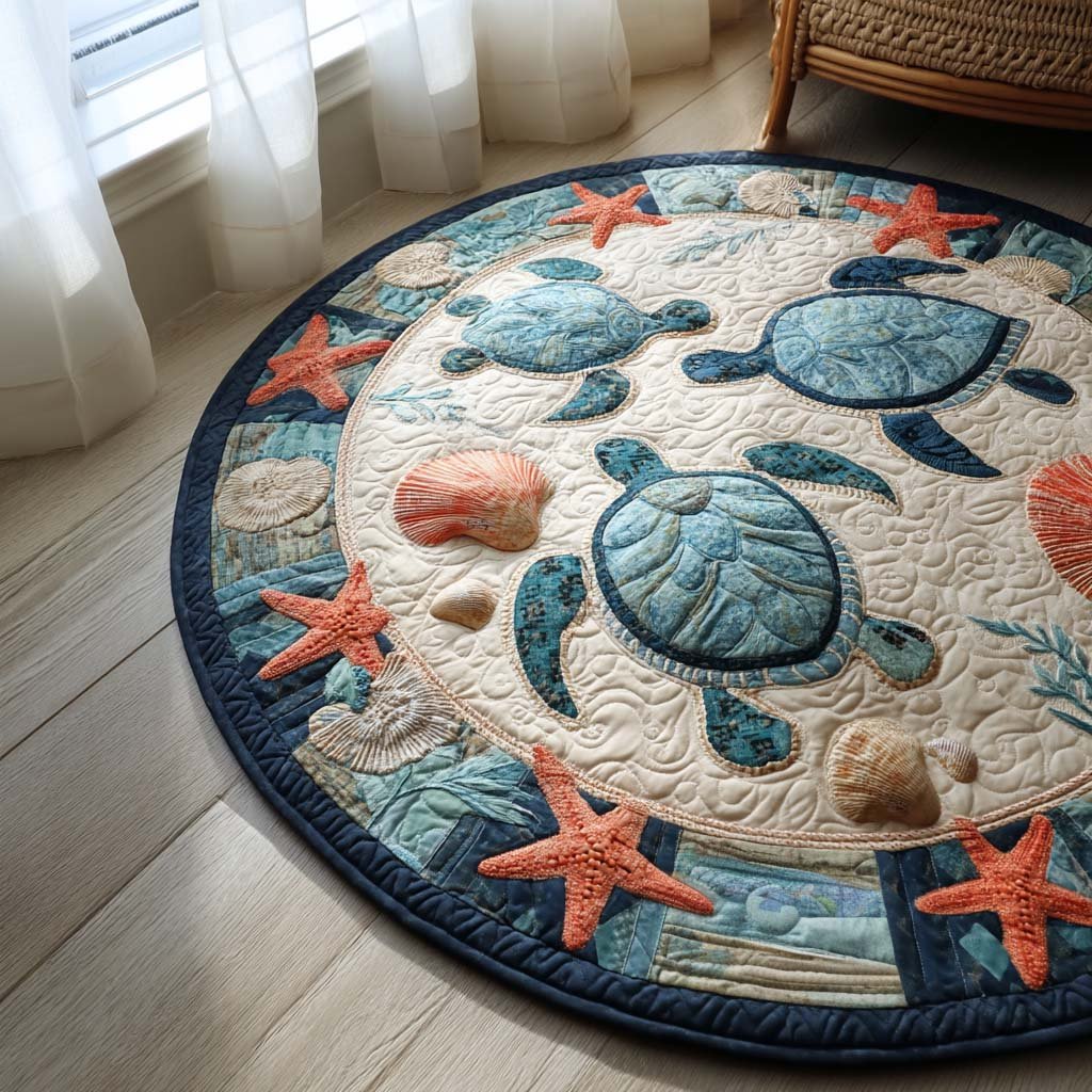 Sea Turtle Serenity Round Mat Rug - washable non-slip printed rug