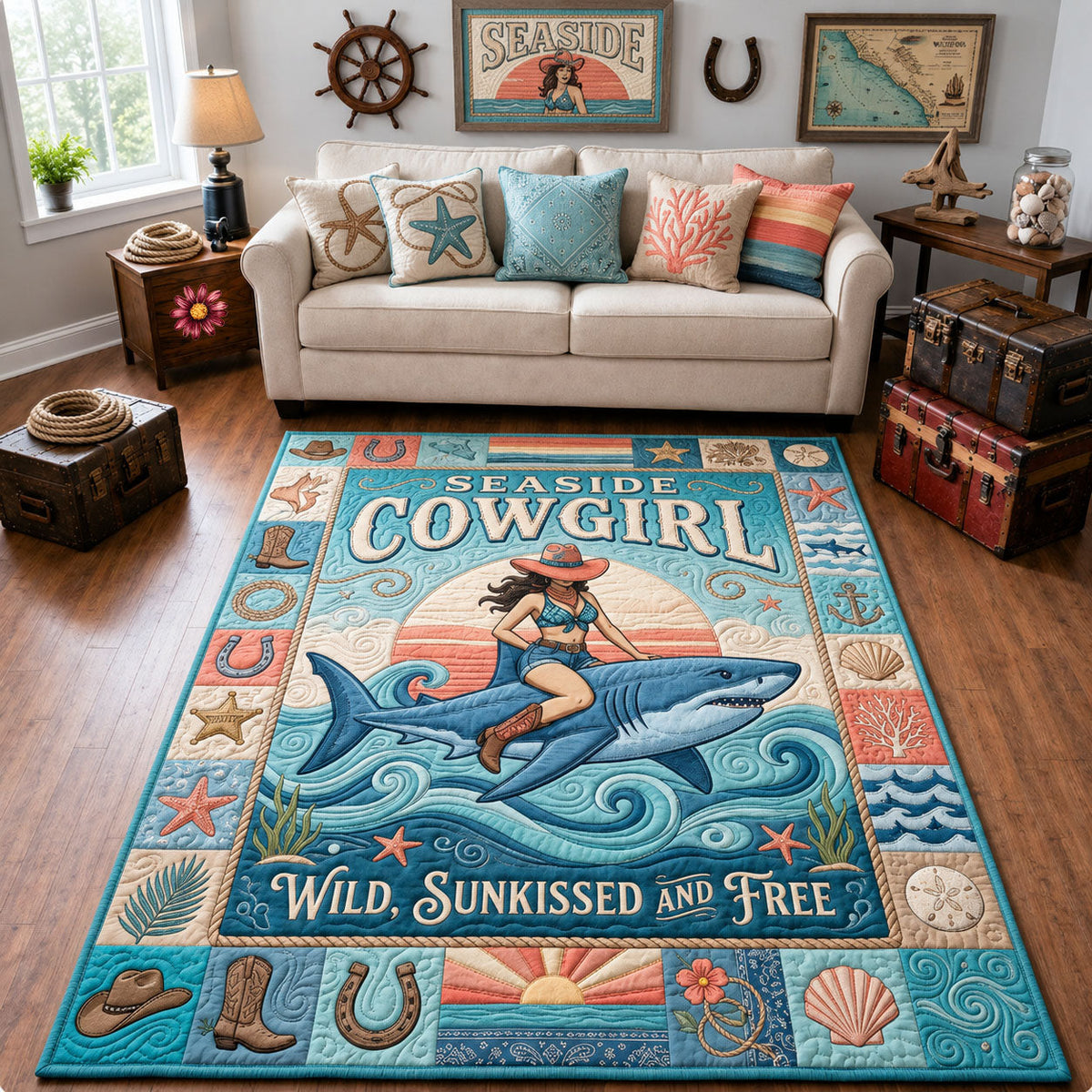 Seaside Cowgirl area rug in a living room
