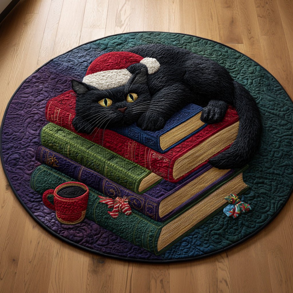 Seasonal Black Cat Book Round Mat Rug - Cute Pet Design | Animal Printed Home Decor