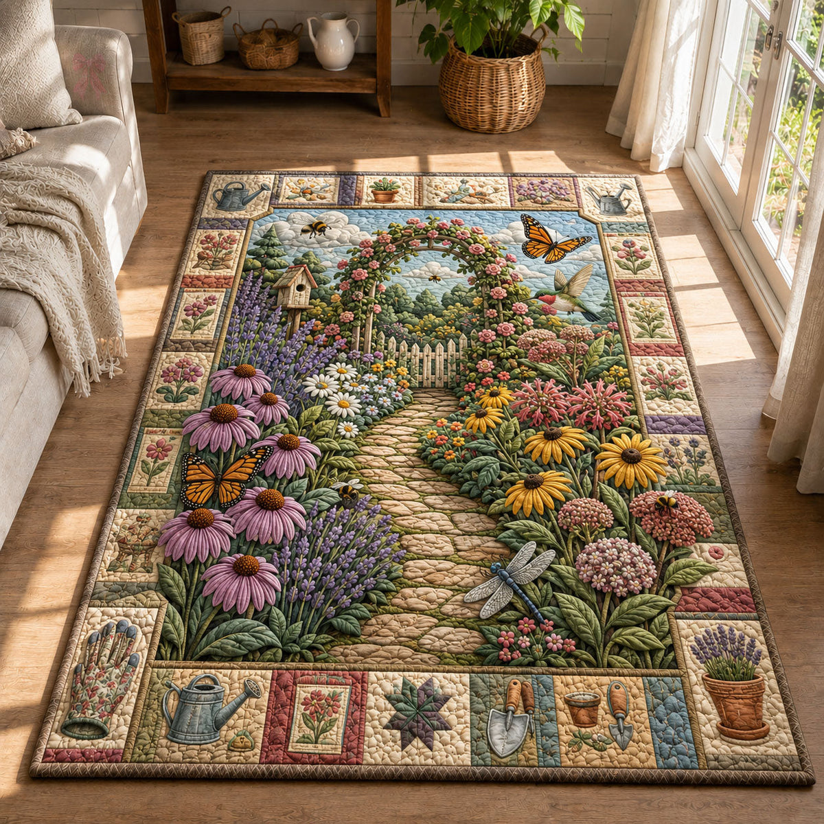 Secret Garden Archway area rug in a living room