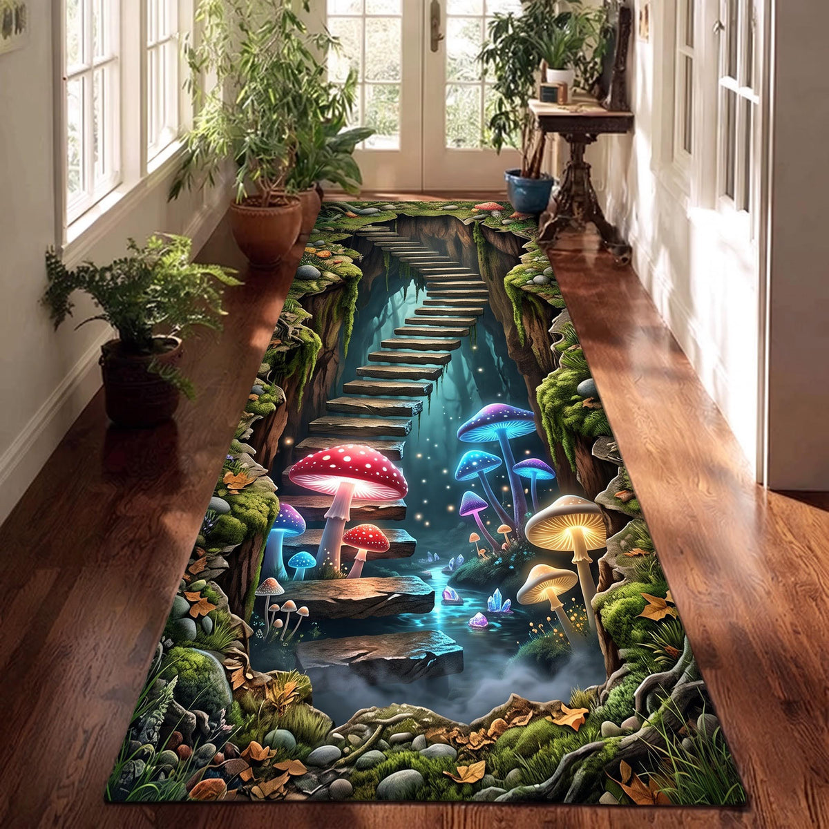Secret Mushroom Stairway Runner Rug - Nature Design | Serene Runner Rug - washable non-slip printed rug