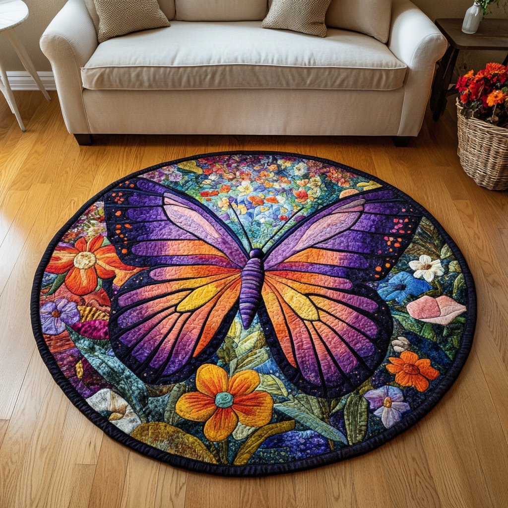 Serene Flutter Round Mat Rug - washable non-slip printed rug