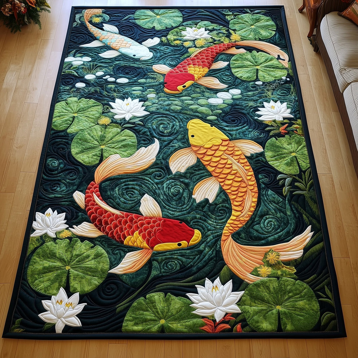 Serene Koi area rug in a living room