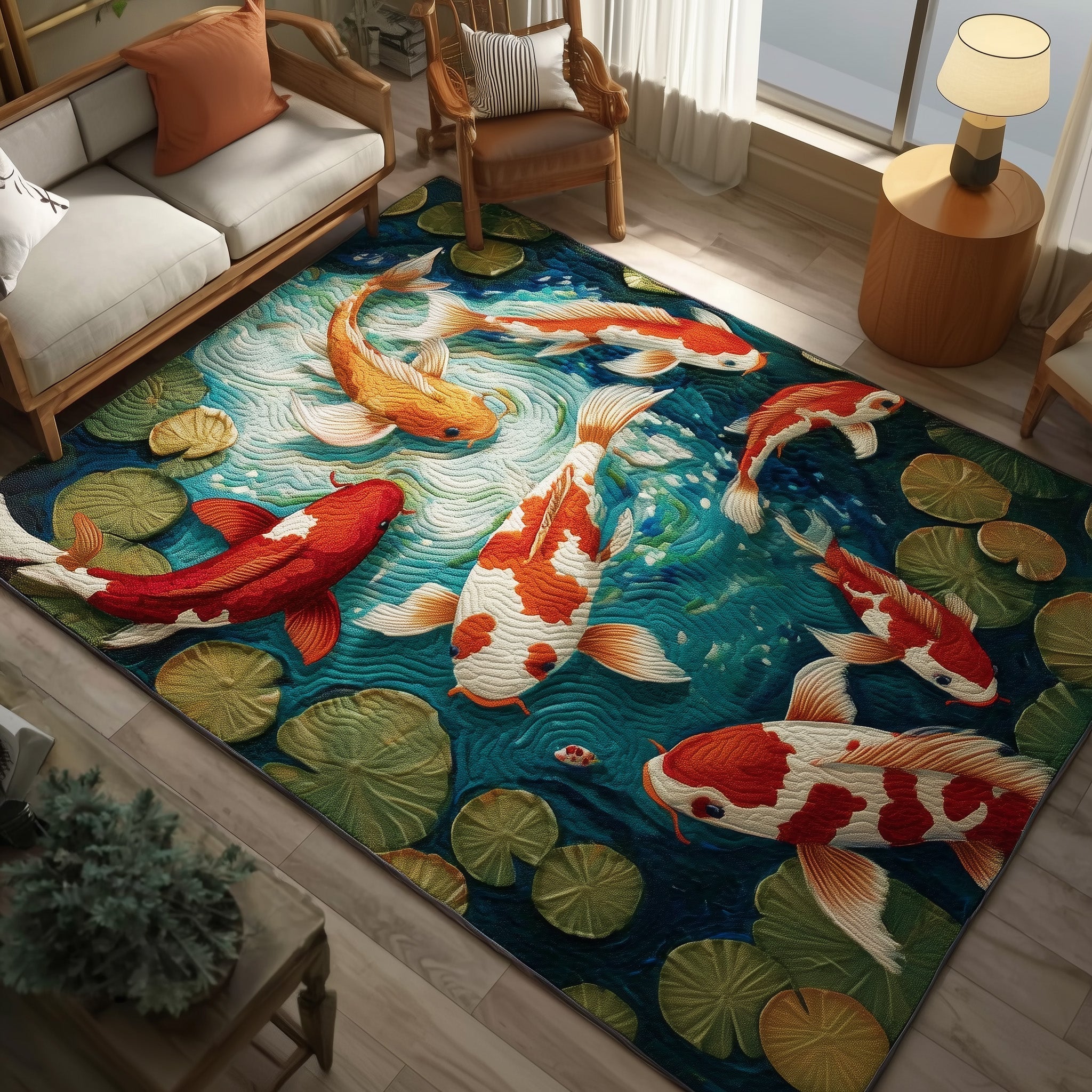 Serene Koi area rug in a living room