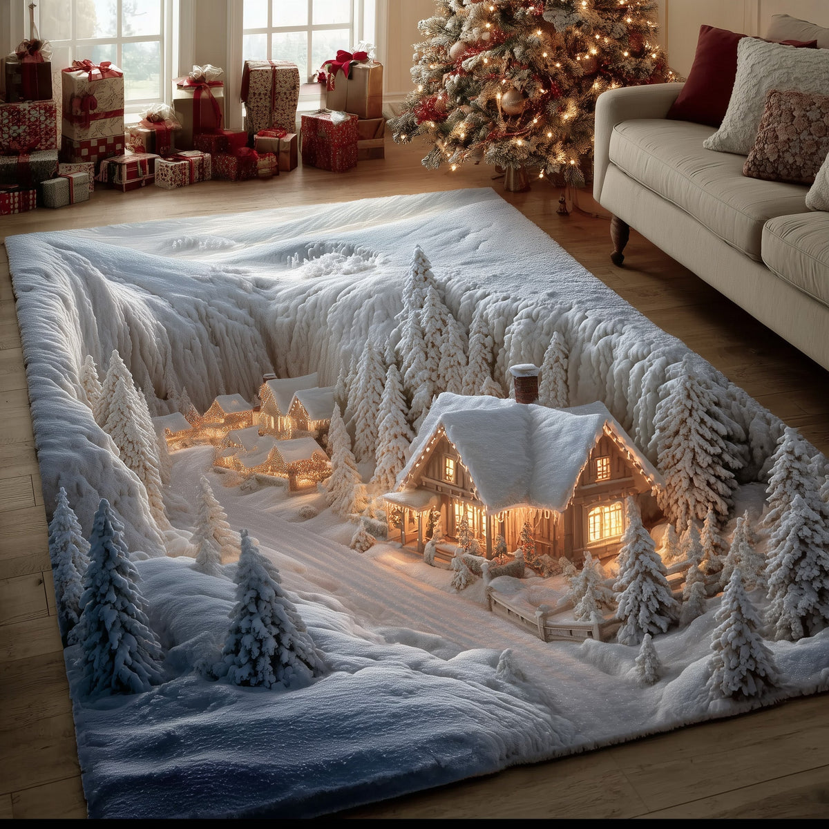 Serene Village area rug in a living room