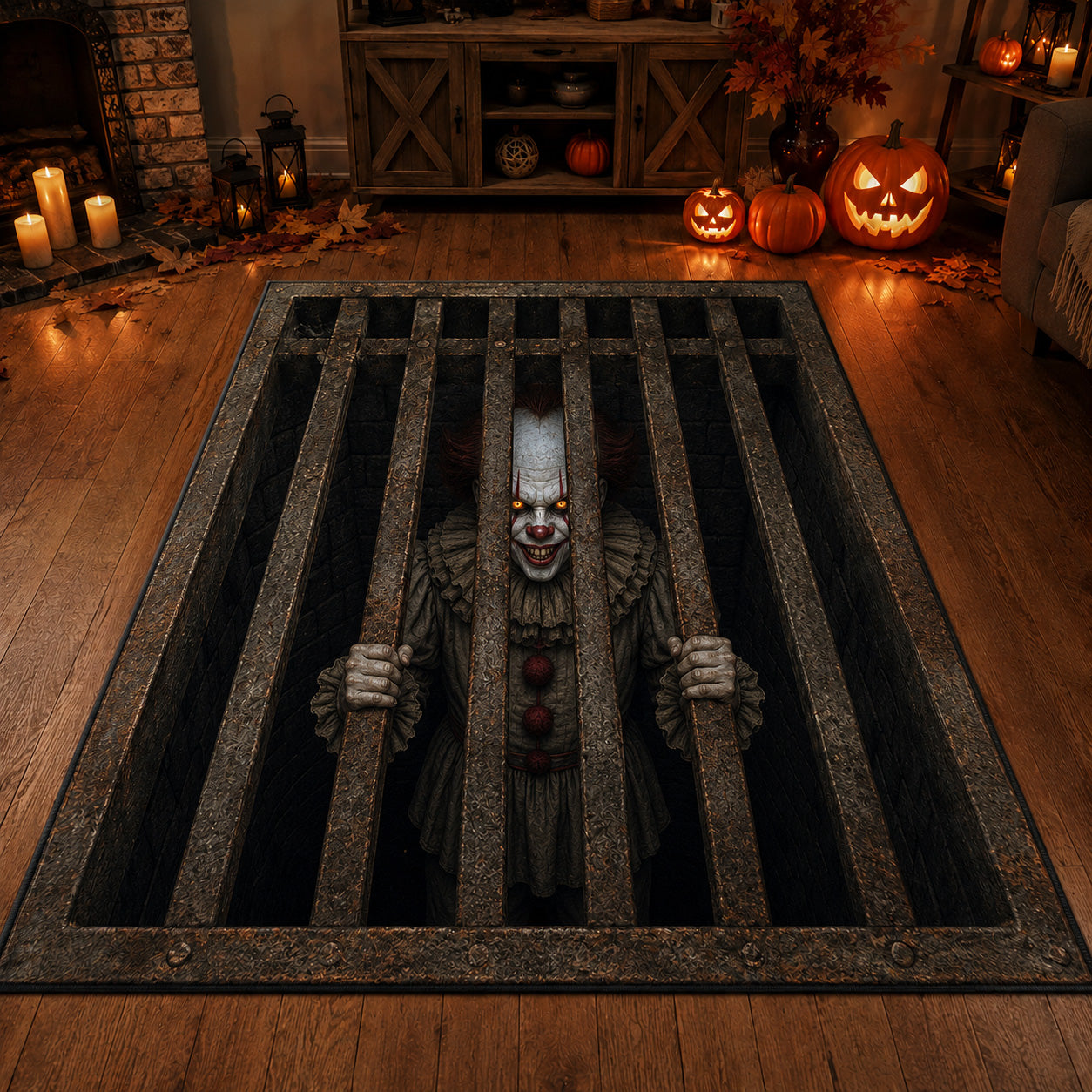 Sewer Clown area rug in a living room