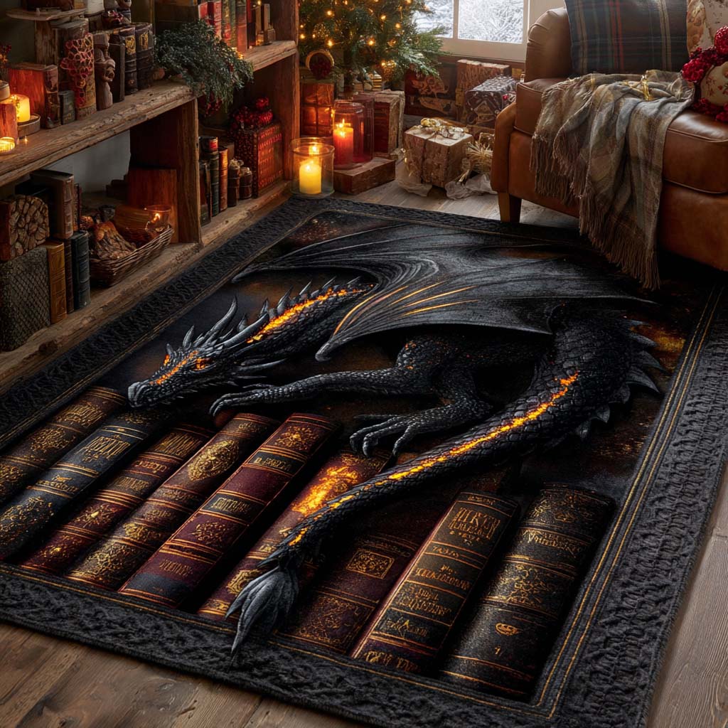 Shadow Ember Dragon area rug in a living room