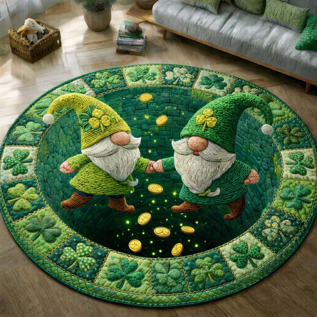 Shamrock Gnome (Design 5) Round Mat Rug - washable non-slip printed rug